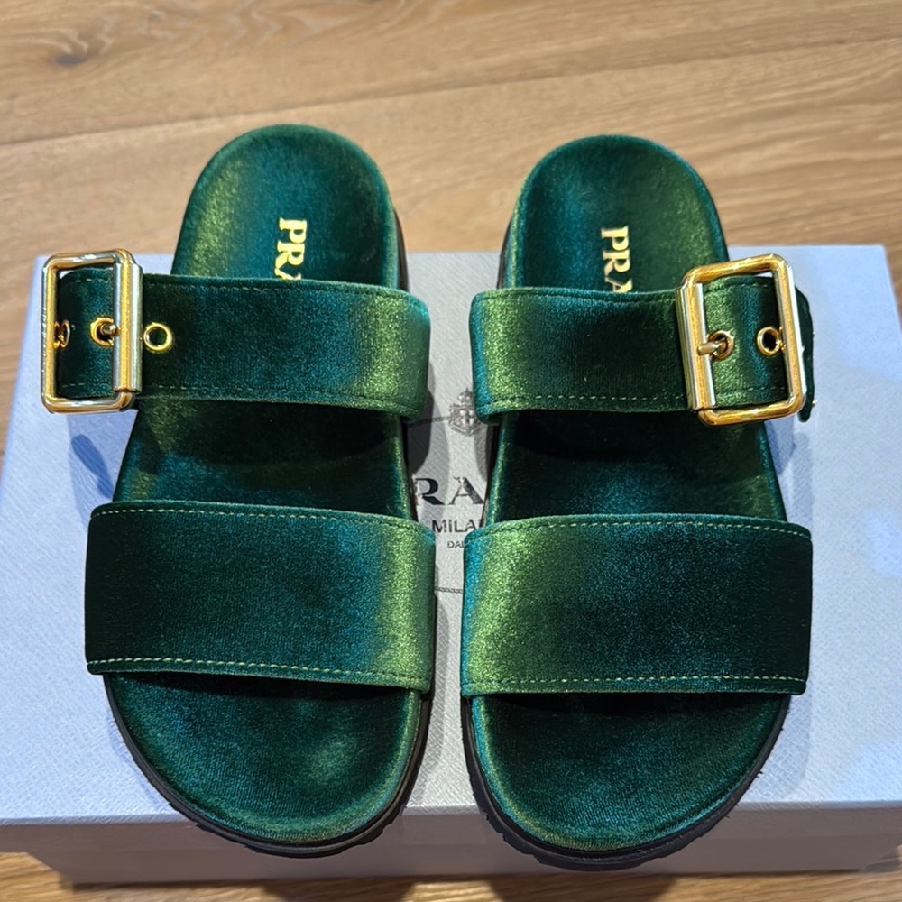 Prada Green Velvet Slide Sandals